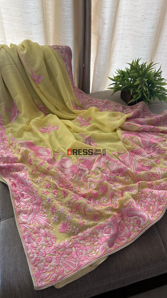 Designer Yellow & Pink Parsi Gara Dupatta Parsi Gara Dupatta