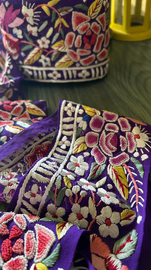 Hand Embroidered Parsi Gara Lace – Royal Purple Floral Border (9 Meter)