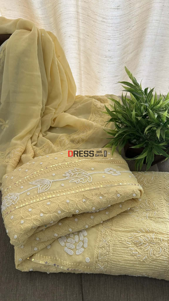 Dusty Lemon Yellow Pearl Chikankari Anarkali (Anarkali & Dupatta) Chikankari Anarkali