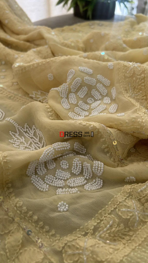 Dusty Lemon Yellow Pearl Chikankari Anarkali (Anarkali & Dupatta) Chikankari Anarkali
