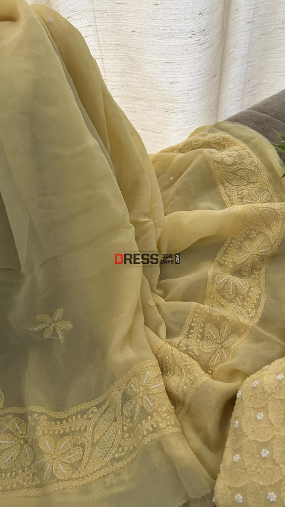 Dusty Lemon Yellow Pearl Chikankari Anarkali (Anarkali & Dupatta) Chikankari Anarkali