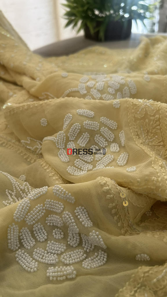 Dusty Lemon Yellow Pearl Chikankari Anarkali (Anarkali & Dupatta) Chikankari Anarkali