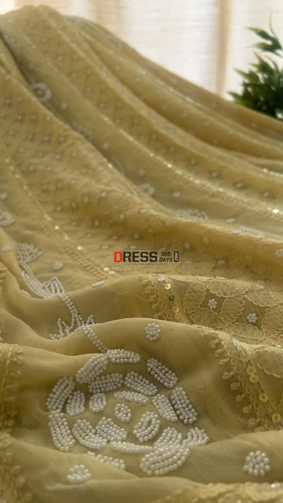 Dusty Lemon Yellow Pearl Chikankari Anarkali (Anarkali & Dupatta) Chikankari Anarkali