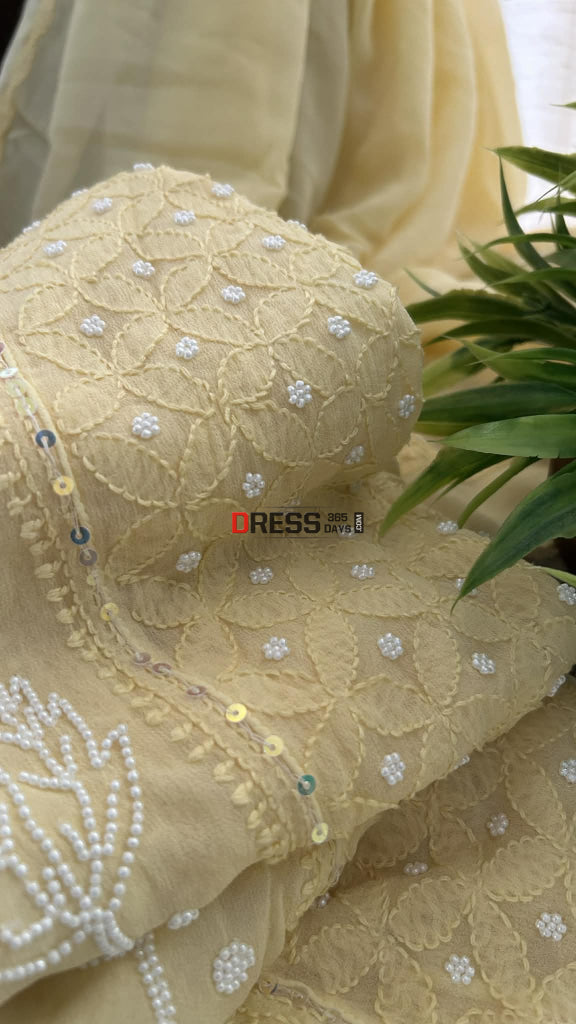 Dusty Lemon Yellow Pearl Chikankari Anarkali (Anarkali & Dupatta) Chikankari Anarkali