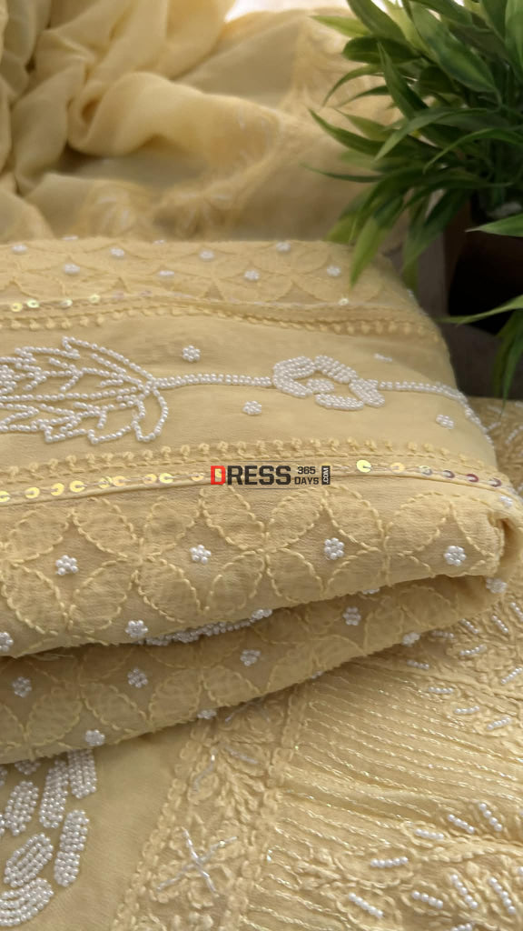 Dusty Lemon Yellow Pearl Chikankari Anarkali (Anarkali & Dupatta) Chikankari Anarkali