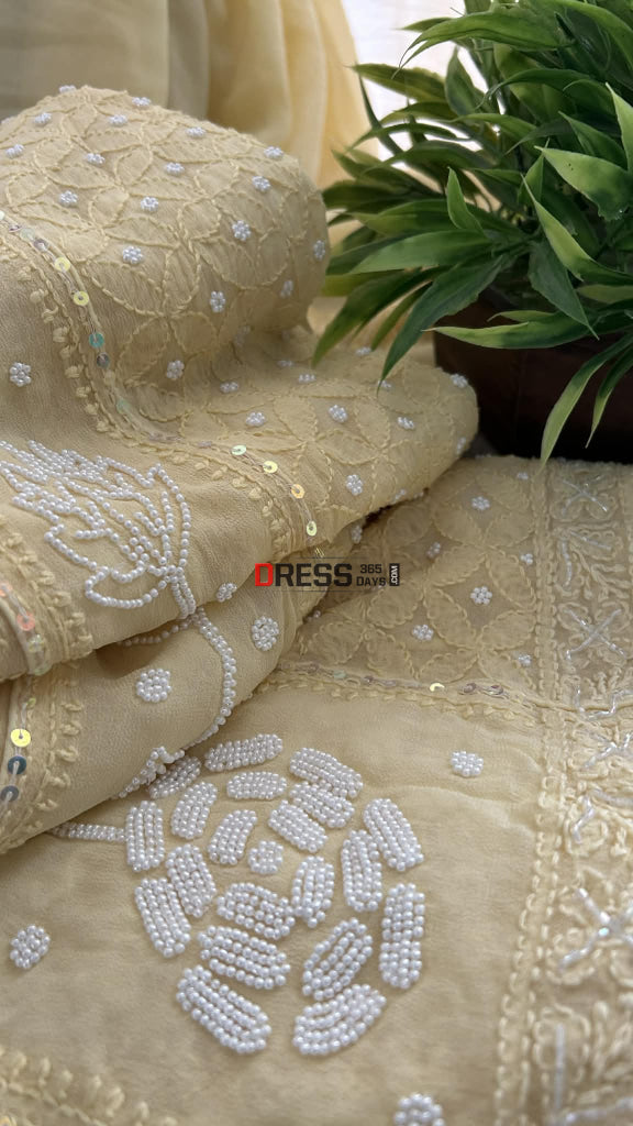 Dusty Lemon Yellow Pearl Chikankari Anarkali (Anarkali & Dupatta) Chikankari Anarkali