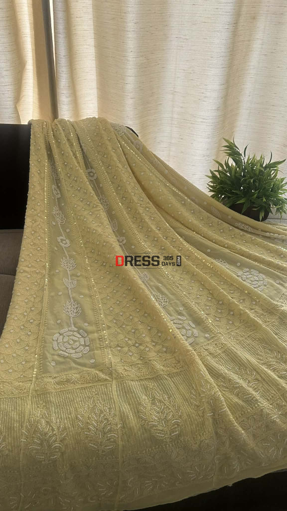 Dusty Lemon Yellow Pearl Chikankari Anarkali (Anarkali & Dupatta) Chikankari Anarkali