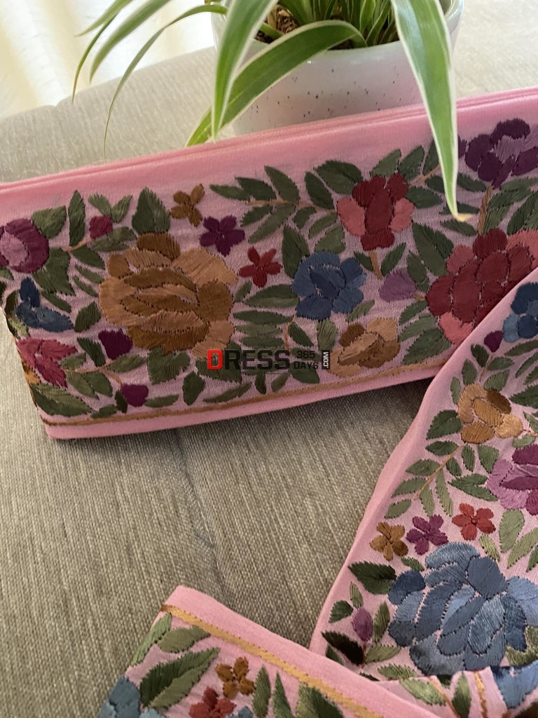 Dusty Rose Pink Parsi Gara Hand Embroidered Border