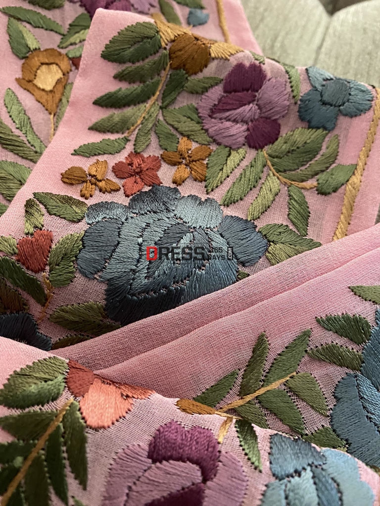 Dusty Rose Pink Parsi Gara Hand Embroidered Border
