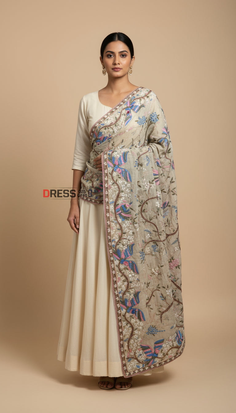 Heritage Bird Motif Parsi Gara Dupatta