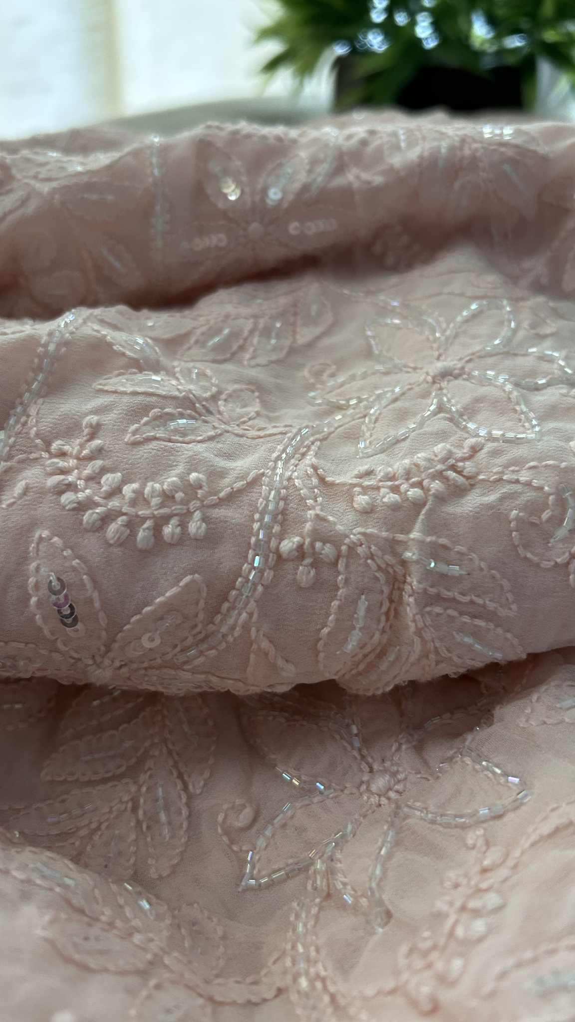 Peachy Pink Cut Dana Sequin Chikankari Saree
