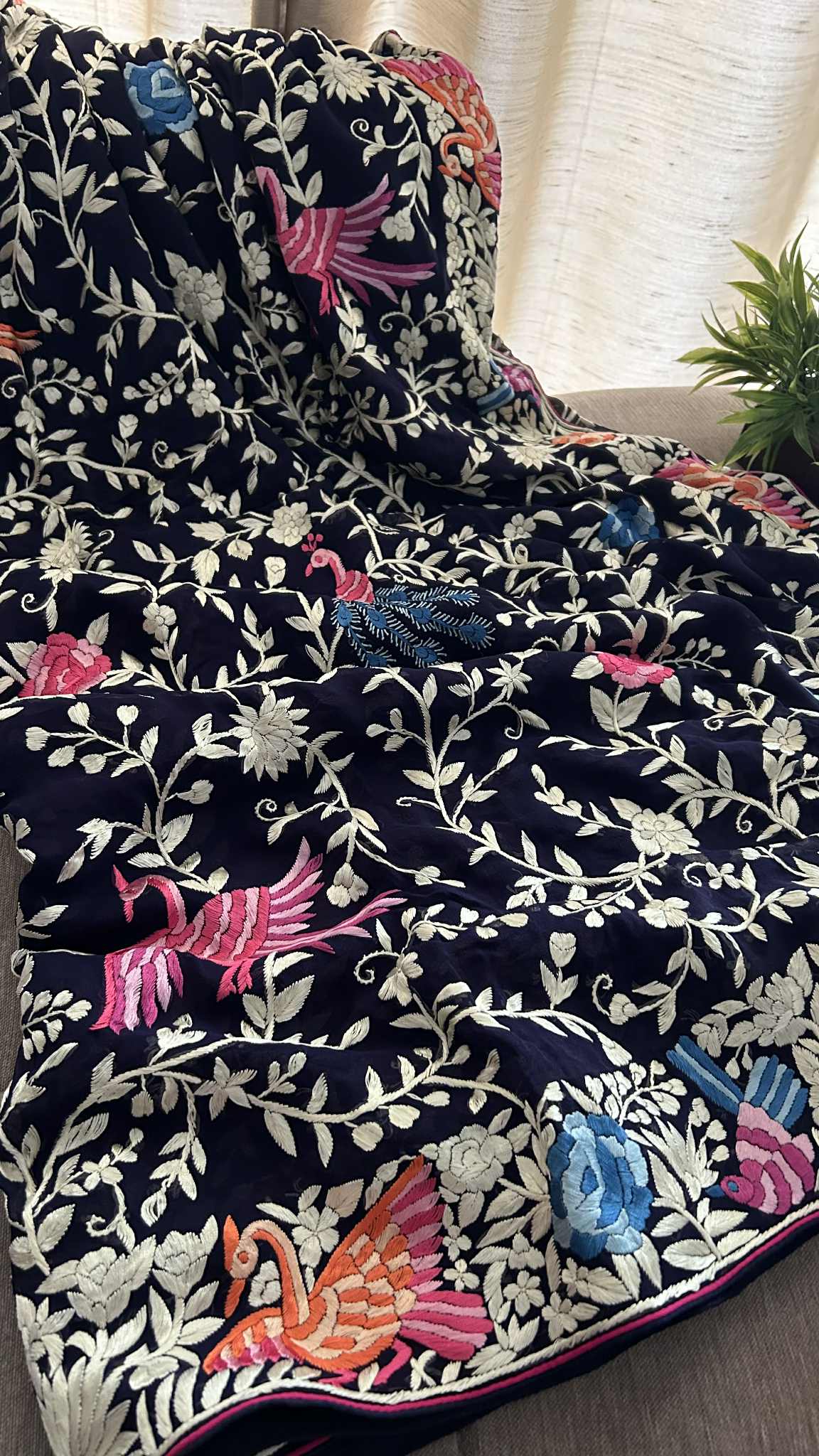 Designer Navy Multicolor Parsi Gara Saree