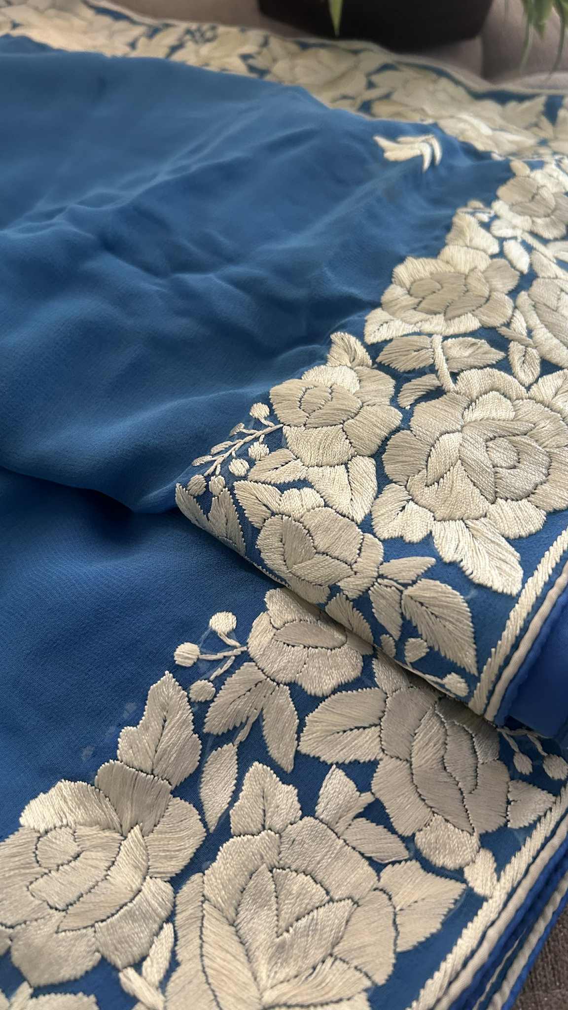 Pre Order Blue & Ivory Parsi Gara Dupatta