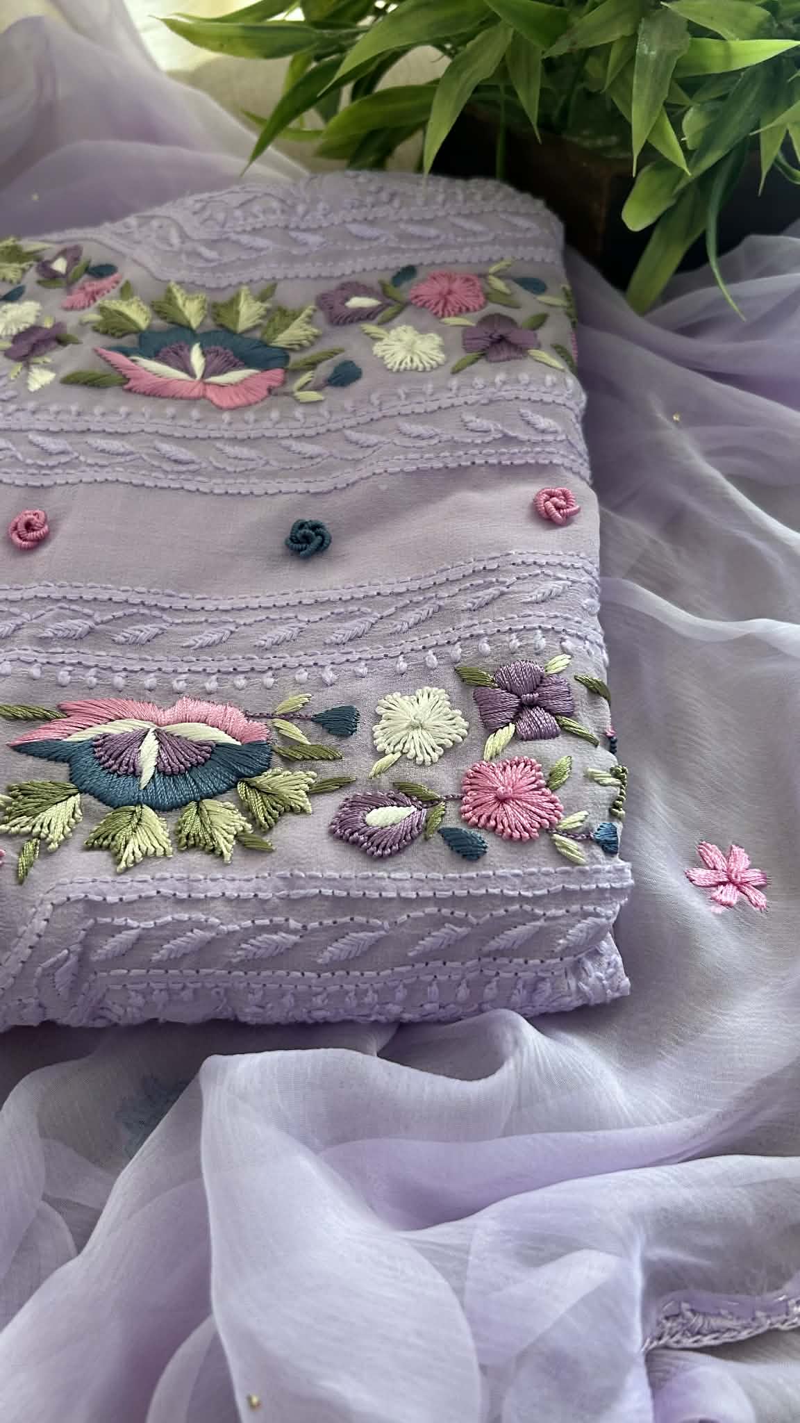 Lilac Chikankari Parsi Gara Neckline Suit