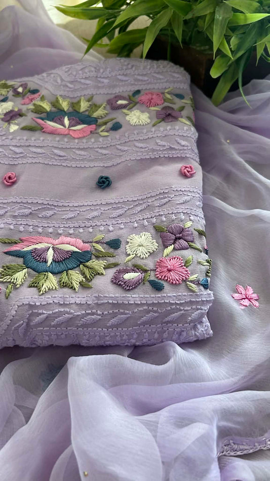 Lilac Chikankari Parsi Gara Neckline Suit