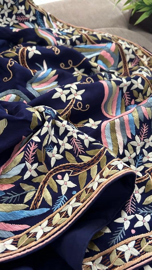 Pre -Order Exclusive Navy Multicolour Parsi Gara Saree