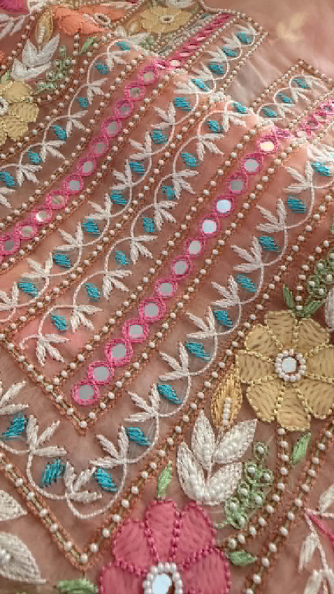 Luxury Pearl Handcrafted Organza Chikankari Suit- Peach