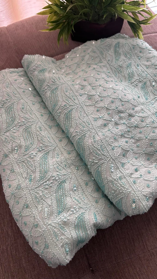 Sea Green Party Wear Cut Dana Chikankari Kurta Dupatta Set