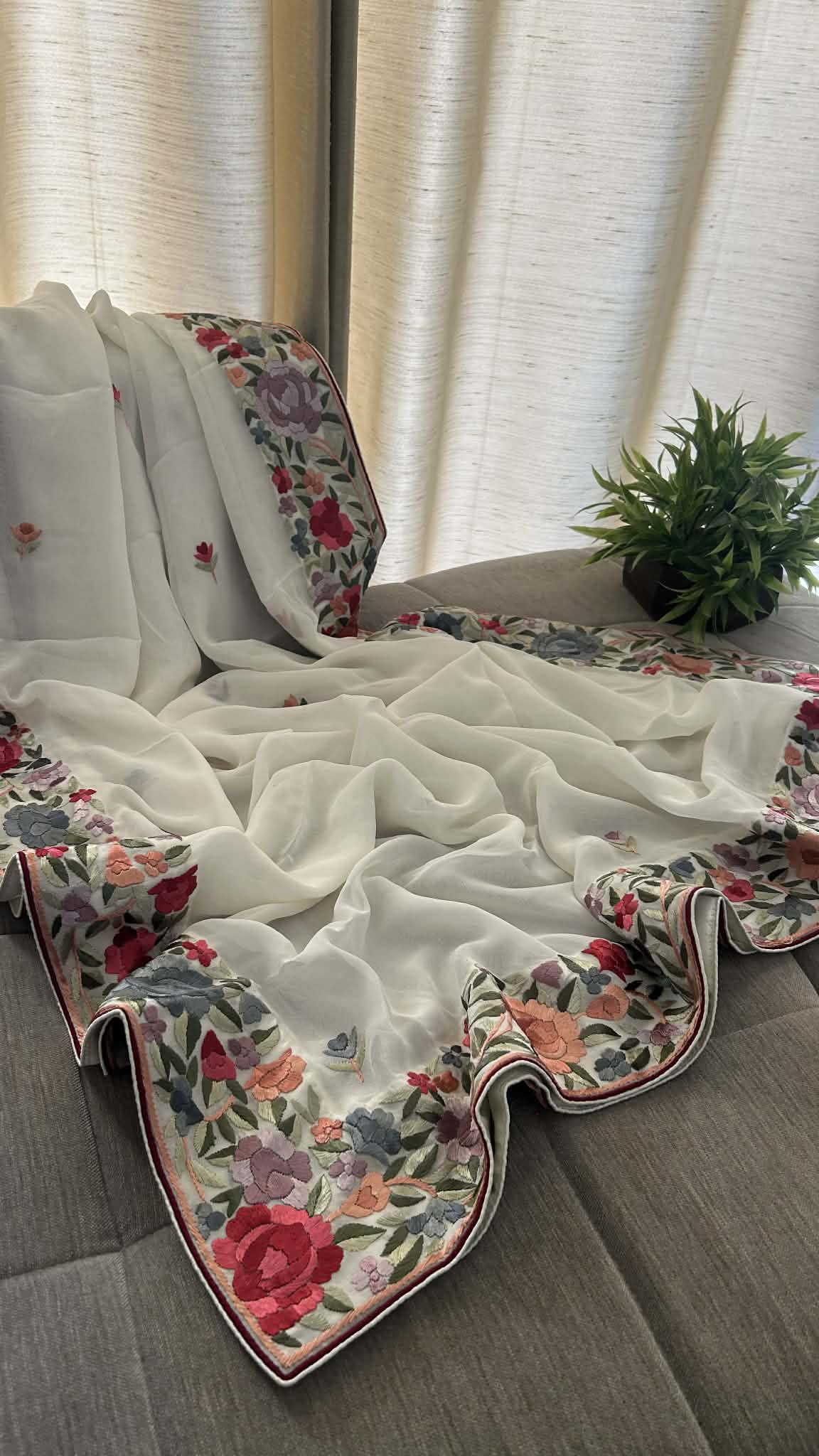 Designer Ivory White Parsi Gara Dupatta