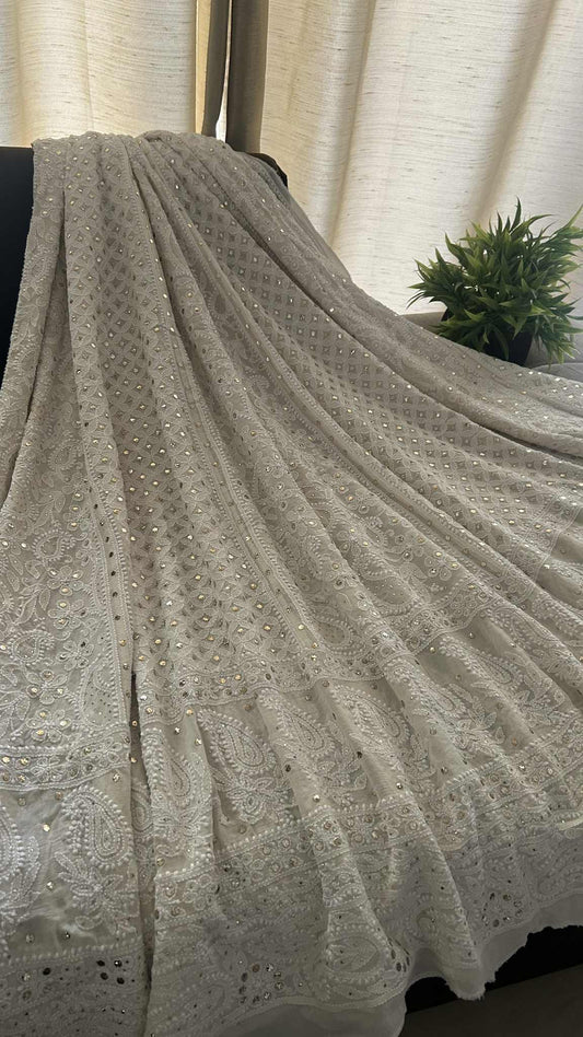 Ivory White Mukaish Chikankari Lehenga Skirt (Lehenga Only)