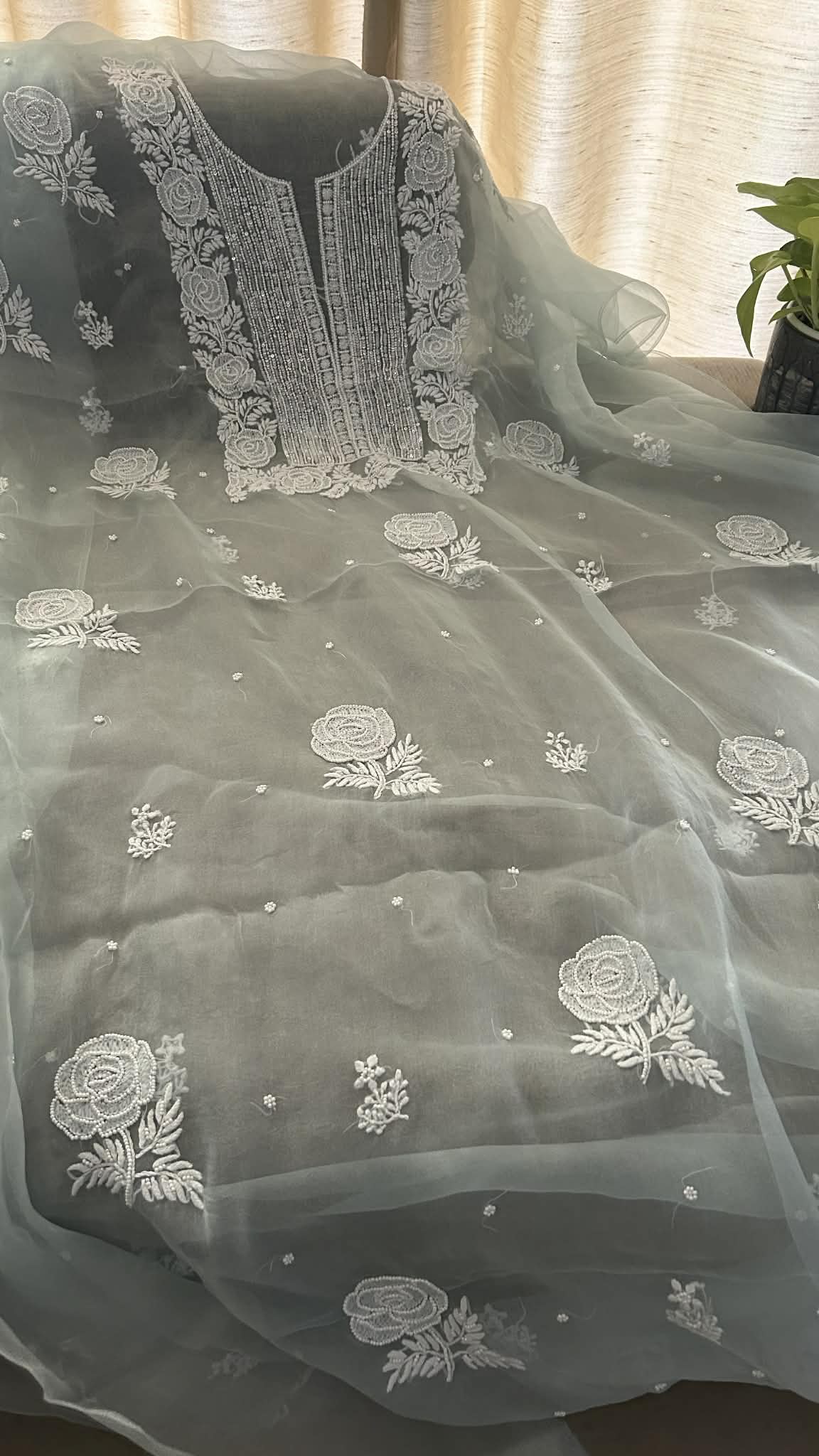 Exclusive Sage Green Organza Pearl Chikankari Suit