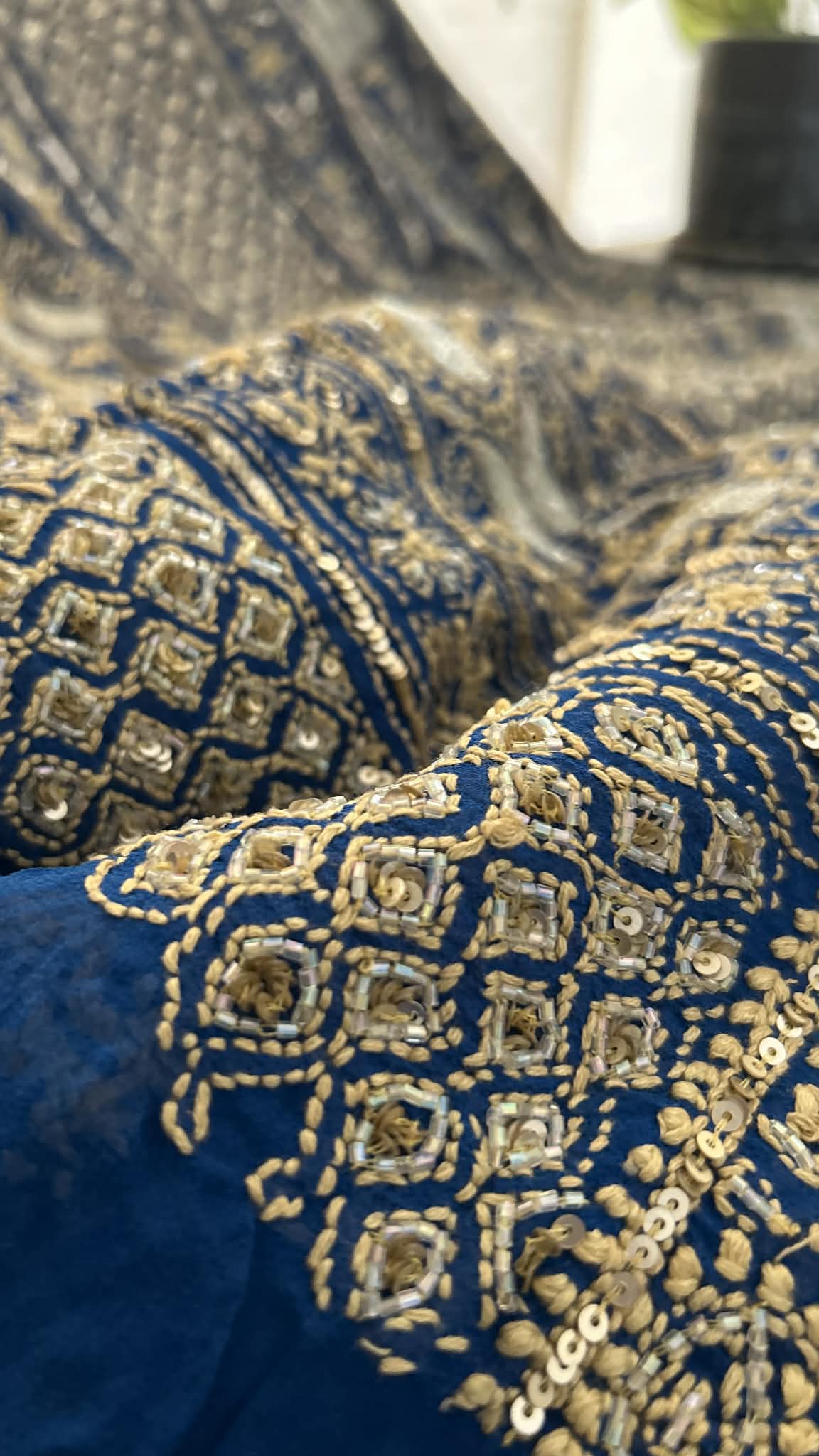 Blue Masterpiece Cut Dana Sequin Chikankari Suit (Kurta & Dupatta)