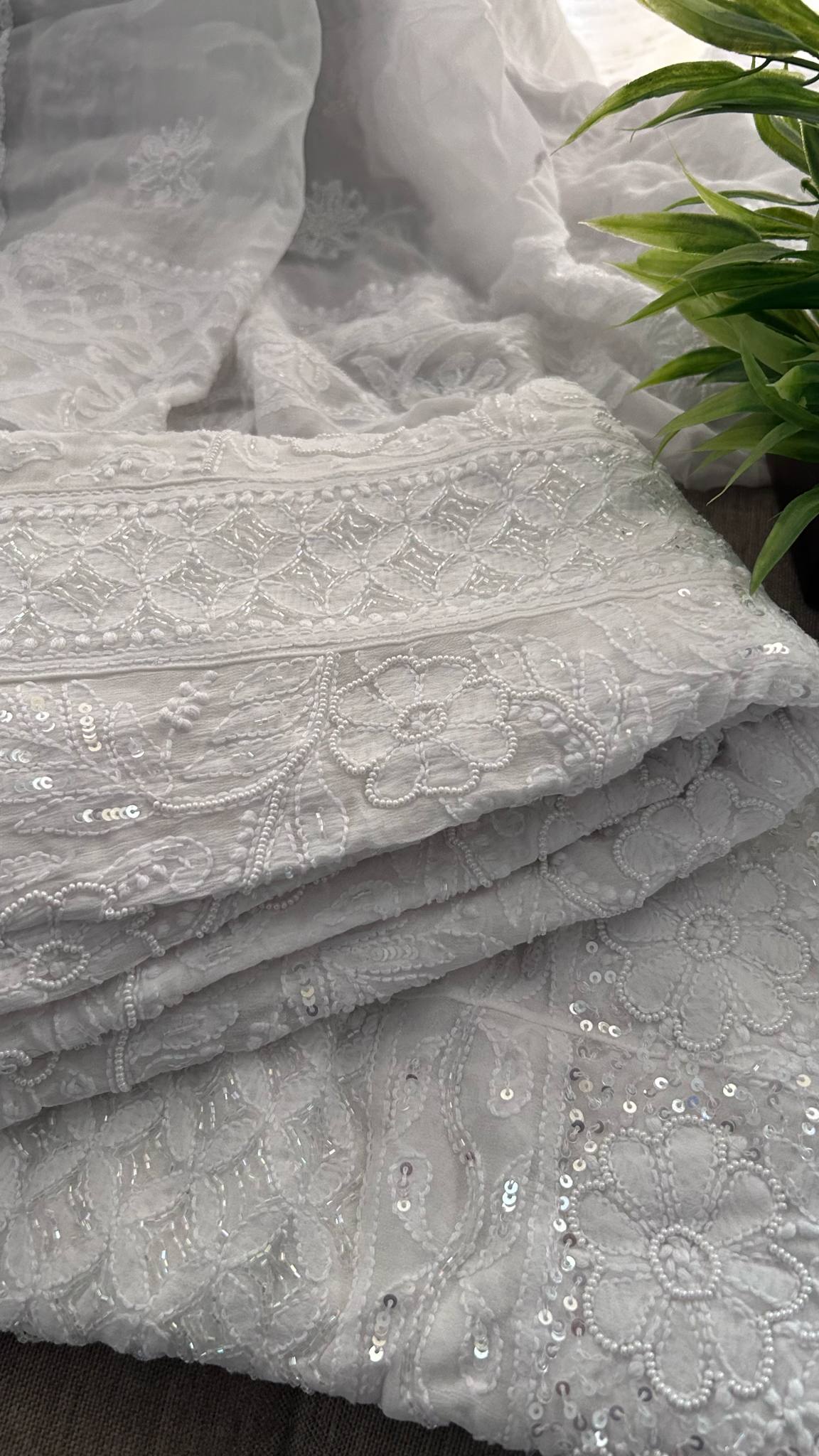 White Cut Dana Pearl Sequin Chikankari Anarkali Suit