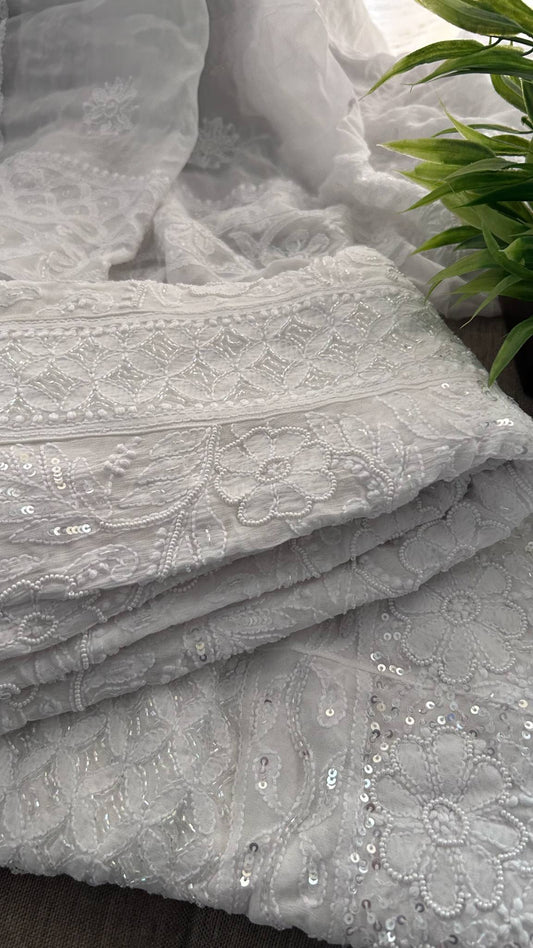 White Cut Dana Pearl Sequin Chikankari Anarkali Suit
