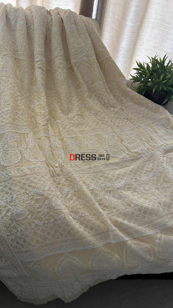Elegant Beige Chikankari Hand Jaali Saree Chikankari Saree