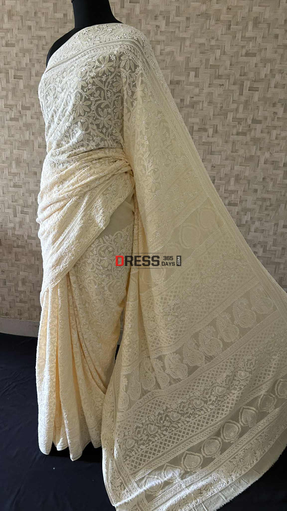 Elegant Beige Chikankari Hand Jaali Saree Chikankari Saree