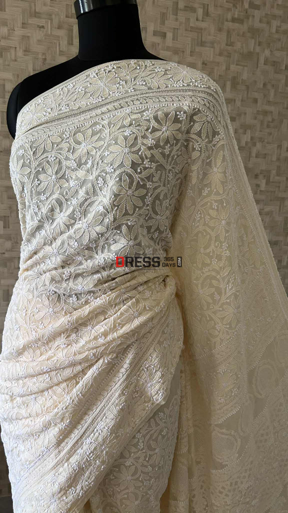 Elegant Beige Chikankari Hand Jaali Saree Chikankari Saree