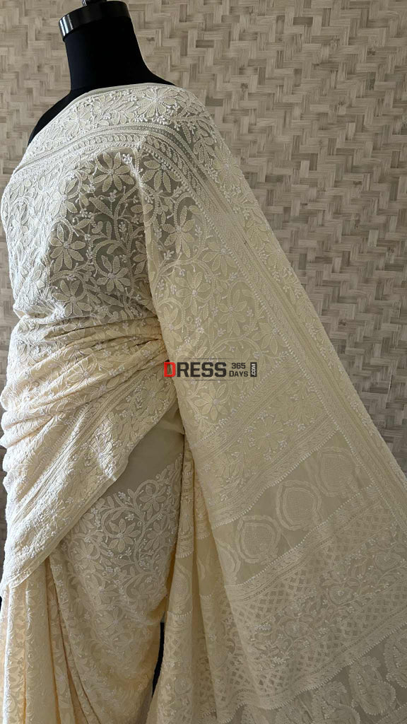 Elegant Beige Chikankari Hand Jaali Saree Chikankari Saree