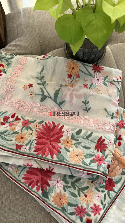 Elegant Ivory Floral Parsi Gara Hand Embroidered Dupatta - Parsi Gara Dupatta