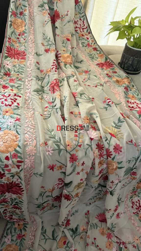 Elegant Ivory Floral Parsi Gara Hand Embroidered Dupatta - Parsi Gara Dupatta