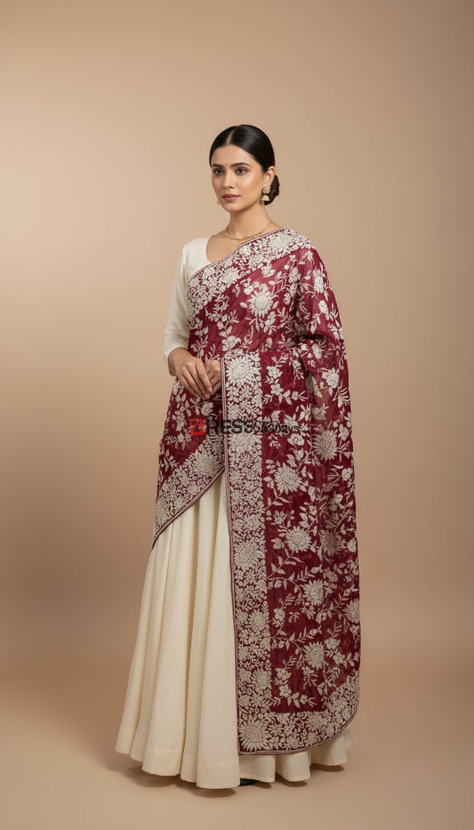 Elegant Ivory & Red Parsi Gara Dupatta
