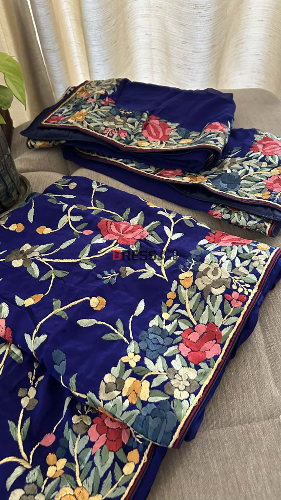 Elegant Royal Blue Multicolour Parsi Gara Suit (Three Piece) - Parsi Gara Suits