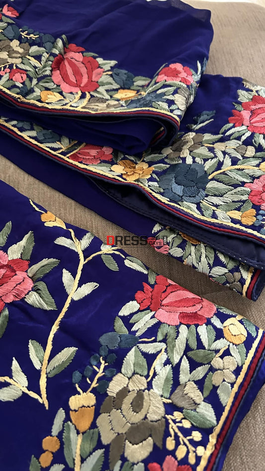 Elegant Royal Blue Multicolour Parsi Gara Suit (Three Piece) - Parsi Gara Suits