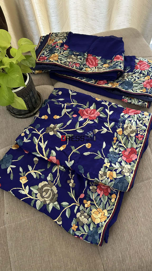 Elegant Royal Blue Multicolour Parsi Gara Suit (Three Piece) - Parsi Gara Suits