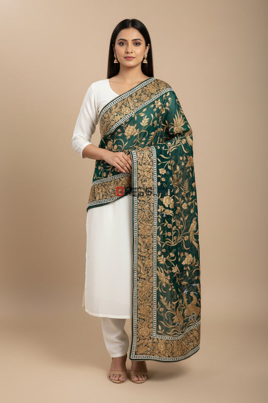Pre Order Emerald Green & Gold Parsi Gara Hand Embroidered Dupatta