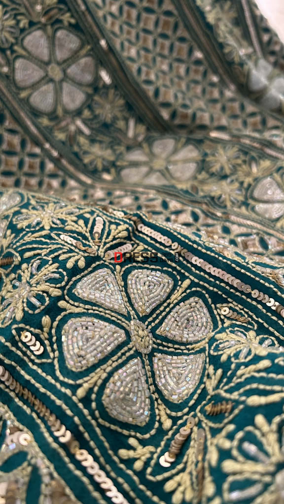 Emerald Green Masterpiece Cut Dana Sequin Chikankari Suit (Kurta & Dupatta) Chikankari Suits