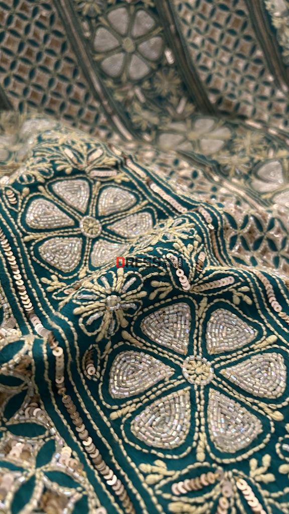 Emerald Green Masterpiece Cut Dana Sequin Chikankari Suit (Kurta & Dupatta) Chikankari Suits
