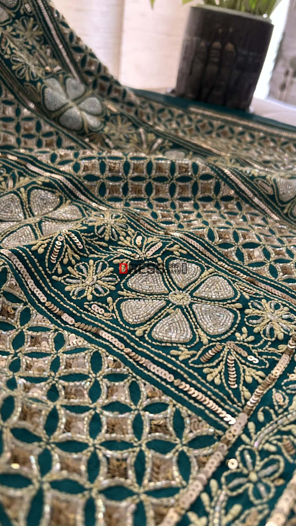 Emerald Green Masterpiece Cut Dana Sequin Chikankari Suit (Kurta & Dupatta) Chikankari Suits