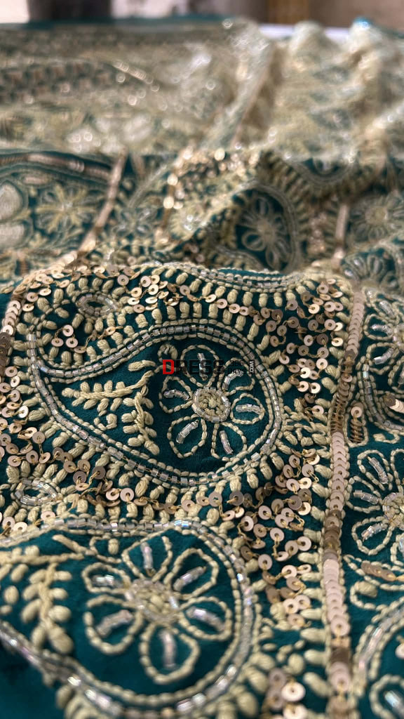 Emerald Green Masterpiece Cut Dana Sequin Chikankari Suit (Kurta & Dupatta) Chikankari Suits