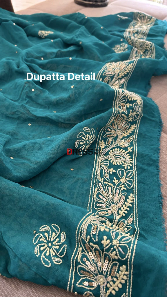 Emerald Green Masterpiece Cut Dana Sequin Chikankari Suit (Kurta & Dupatta) Chikankari Suits