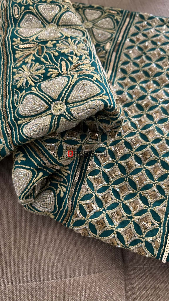 Emerald Green Masterpiece Cut Dana Sequin Chikankari Suit (Kurta & Dupatta) Chikankari Suits