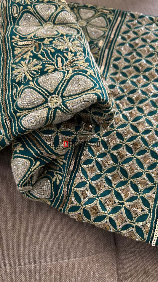 Emerald Green Masterpiece Cut Dana Sequin Chikankari Suit (Kurta & Dupatta) Chikankari Suits