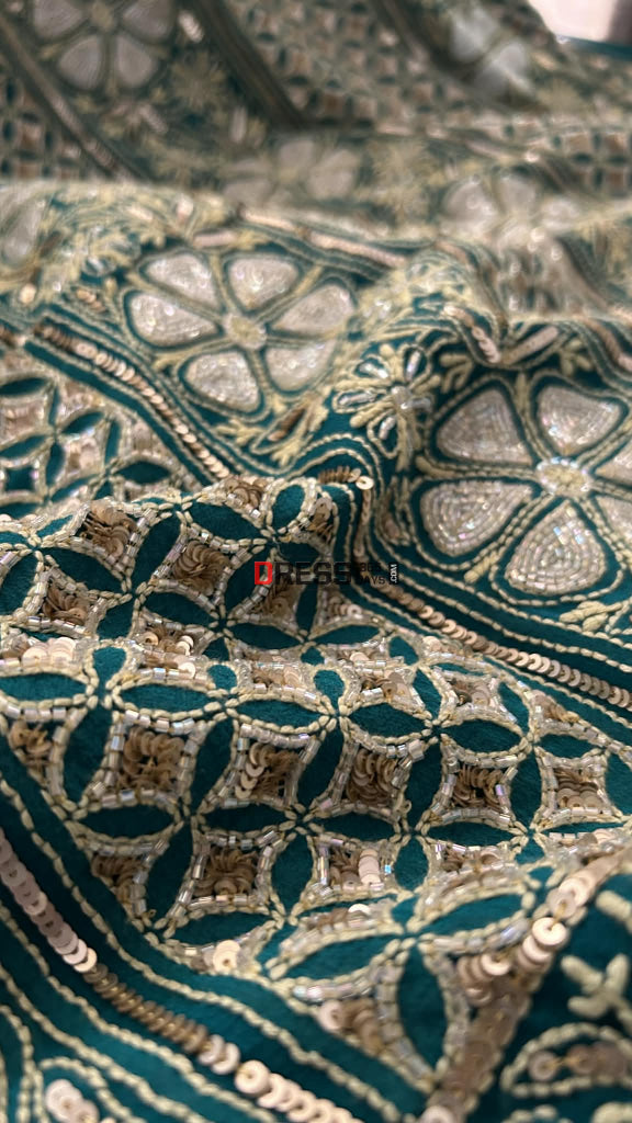 Emerald Green Masterpiece Cut Dana Sequin Chikankari Suit (Kurta & Dupatta) Chikankari Suits
