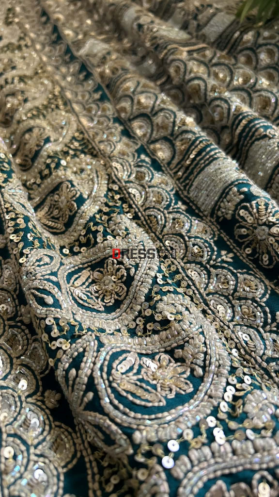 Emerald Green Masterpiece Cut Dana Sequin Chikankari Suit (Kurta & Dupatta) Chikankari Suits