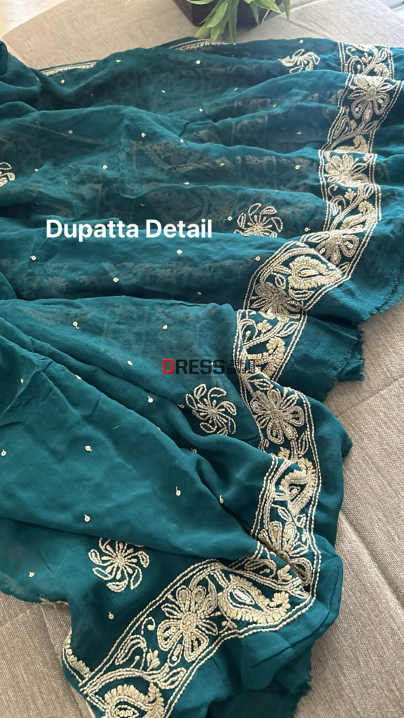 Emerald Green Masterpiece Cut Dana Sequin Chikankari Suit (Kurta & Dupatta) Chikankari Suits