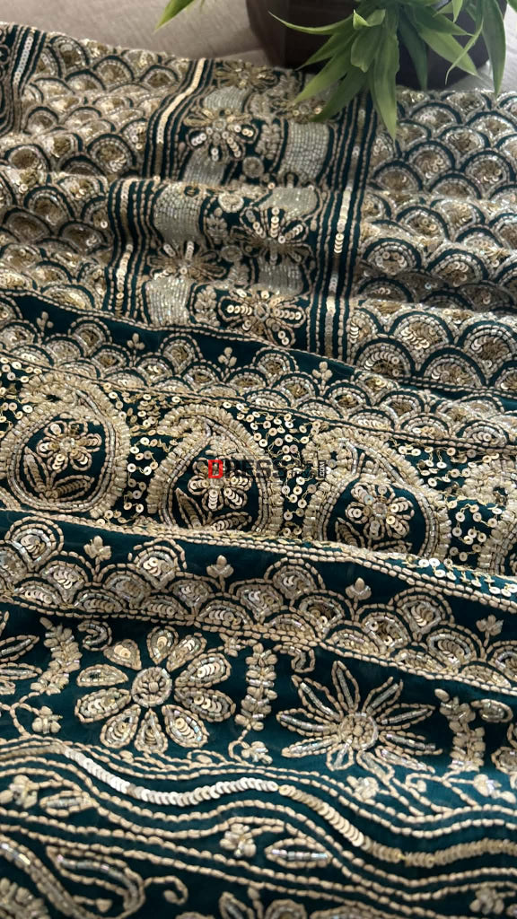 Emerald Green Masterpiece Cut Dana Sequin Chikankari Suit (Kurta & Dupatta) Chikankari Suits